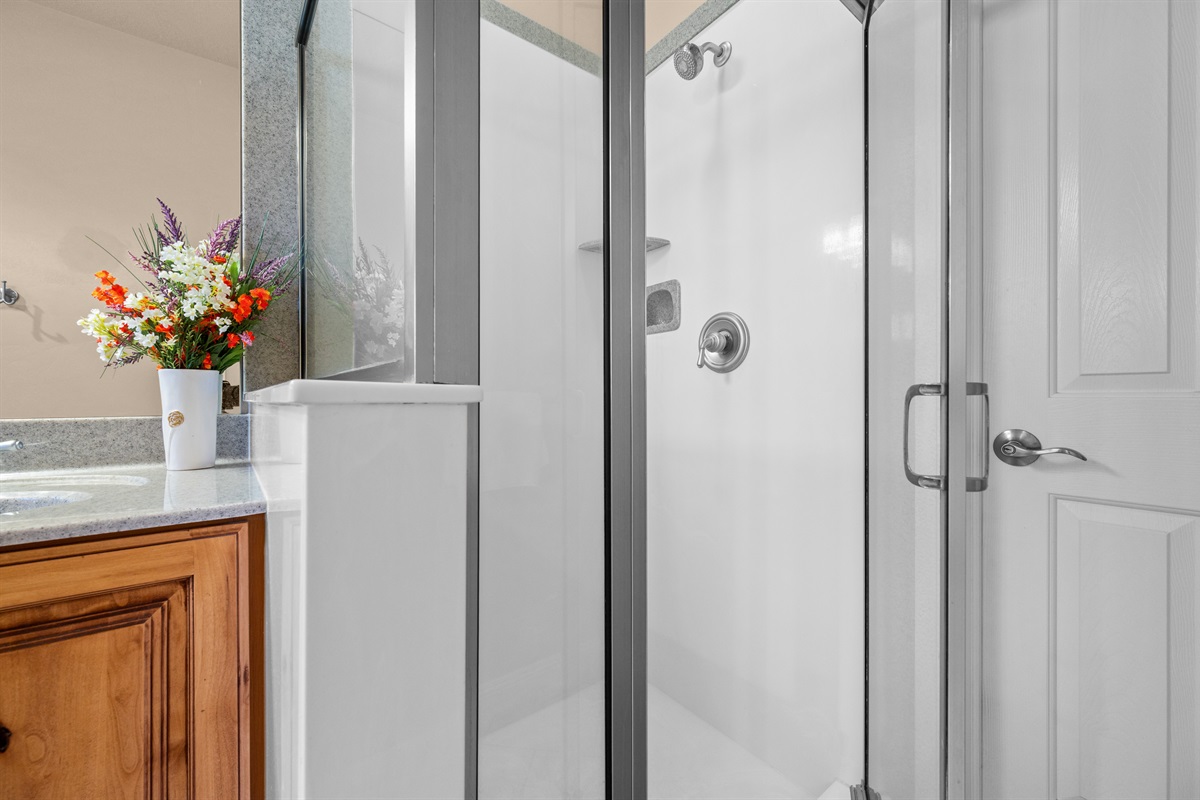 Clean and bright walk-in shower with modern finishes and plenty of space.