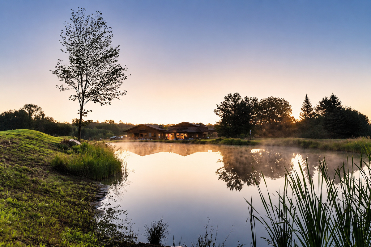Twilight settles over the catch-and-release pond as Northwoods Antler House & Lodge glows beyond the water, a peaceful, almost magical setting for reconnecting with family, friends, and nature.
