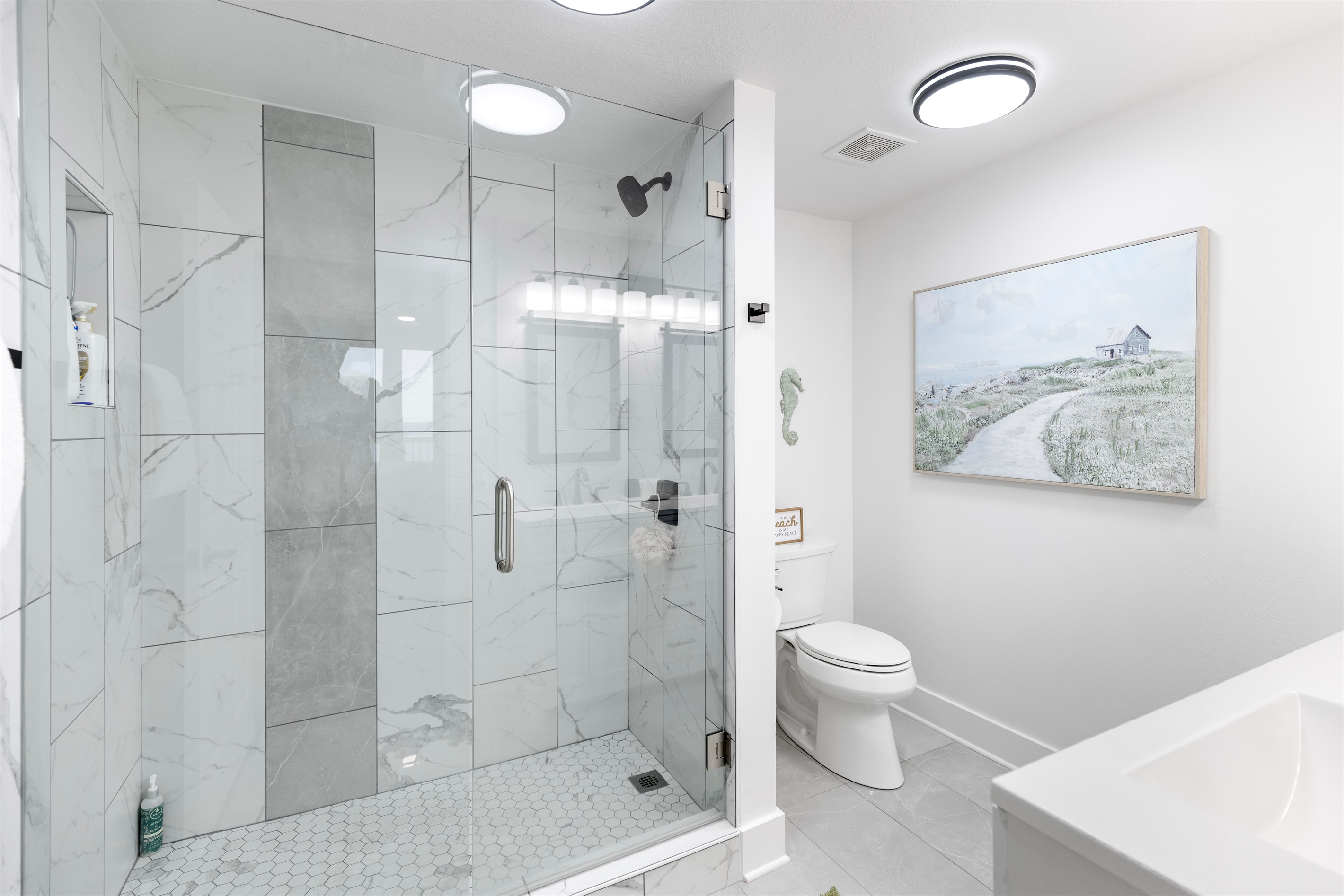 Primary Bathroom + Double Vanity + Walk In Shower