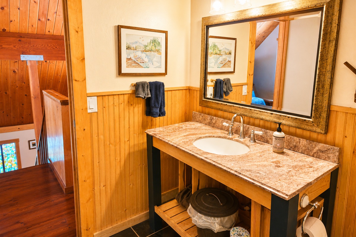 The upstairs loft area has it's own full bathroom with bathtub/shower combo.  It will be stocked with towels, hair dryer and basic toiletries as well.