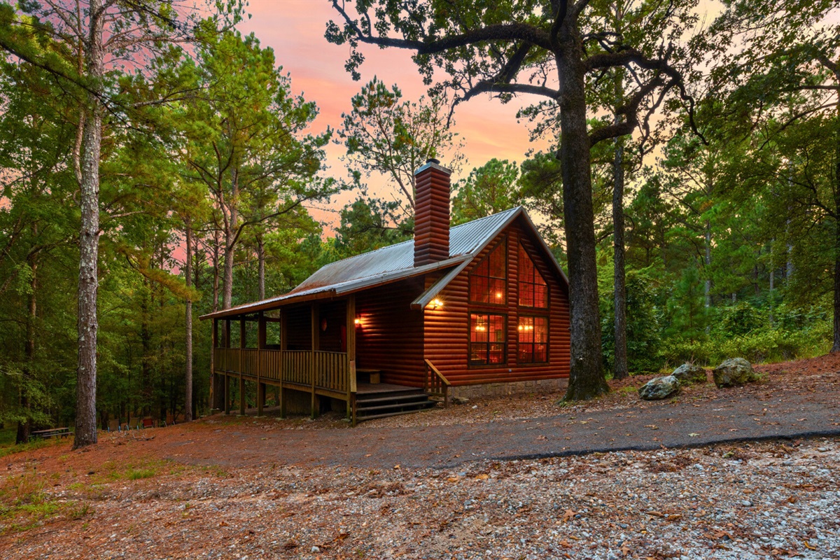Cabin front porch view with rustic charm.