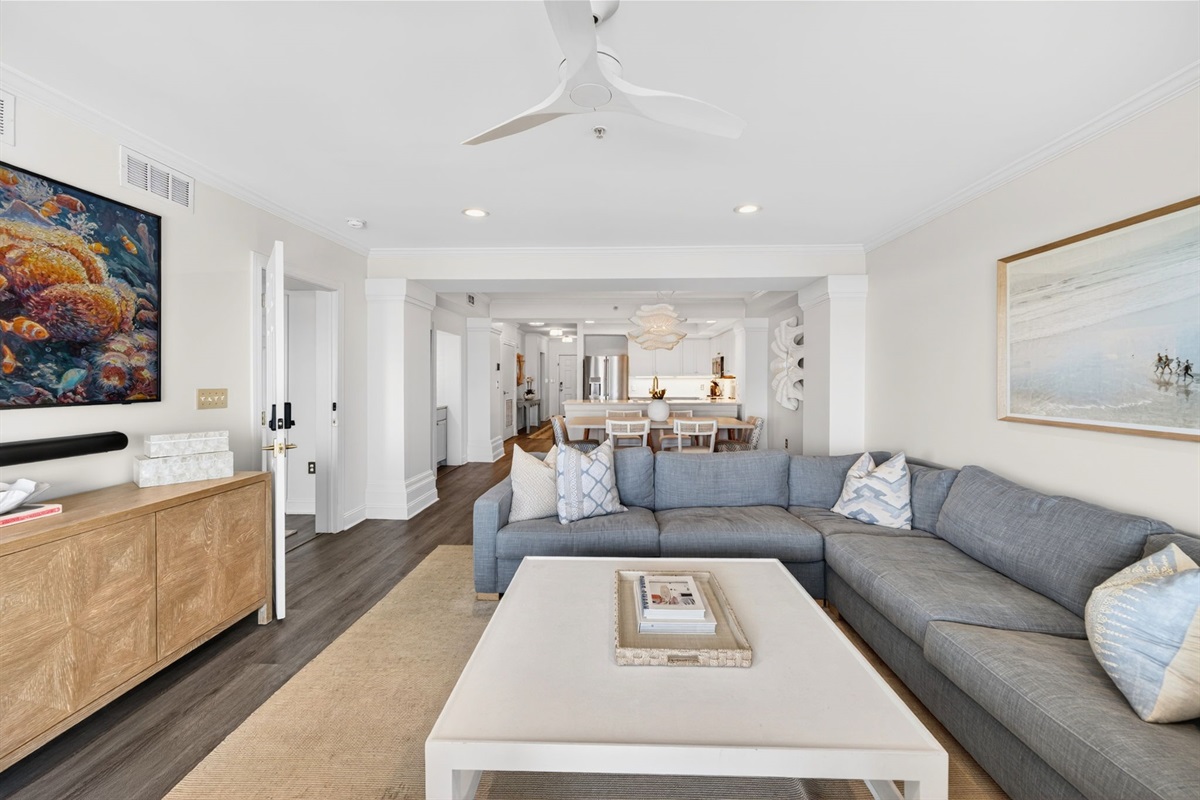 Living Room | 1006 Ocean Blvd, Isle of Palms, SC | 102 Dunescape | IOP Escapes