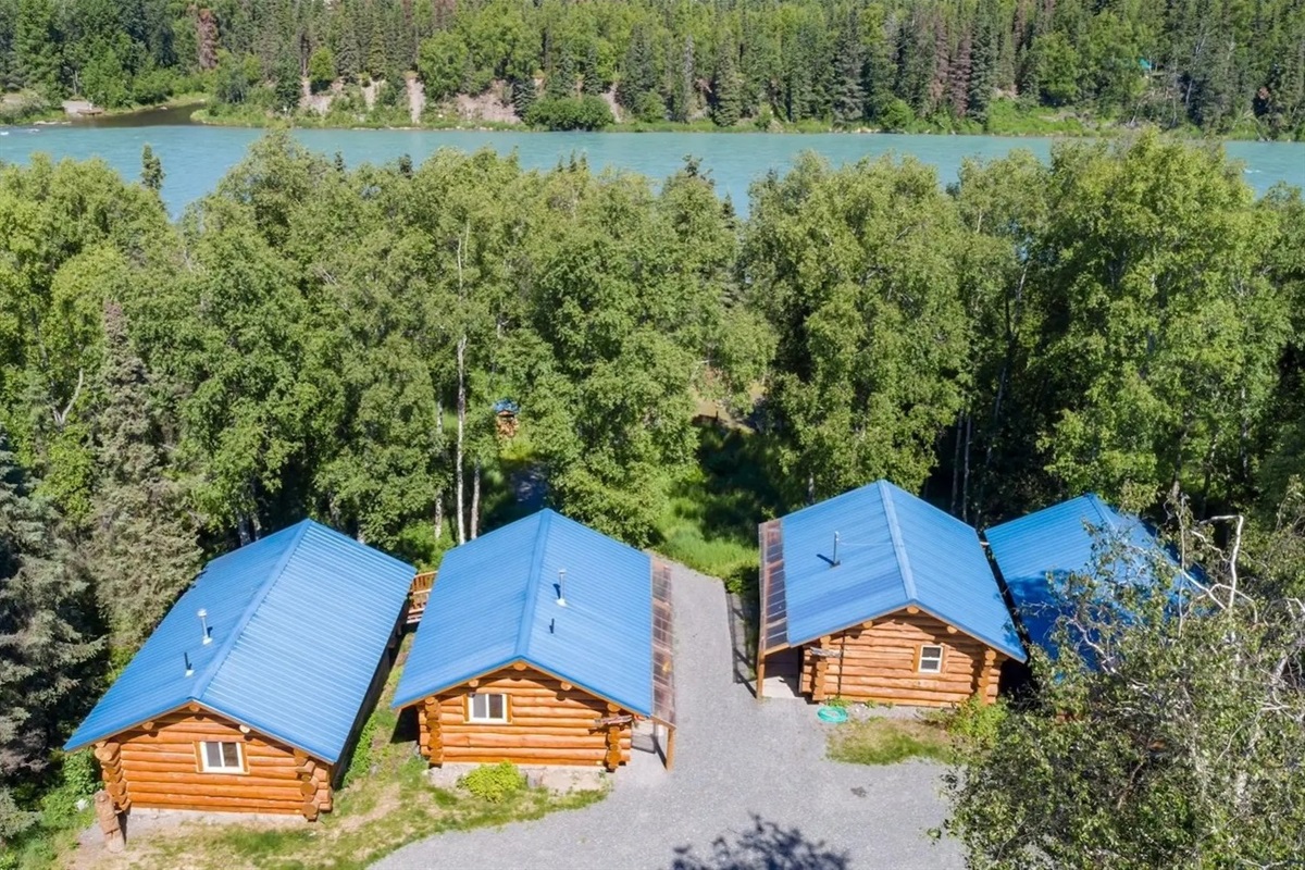 Cabins - Aerial View - Pink Salmon Cabin is the second cabin from the right