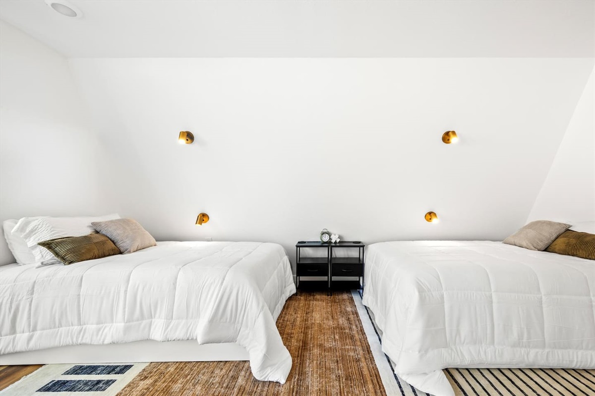 Drift into sleep in a minimalist bedroom with golden glow lights.