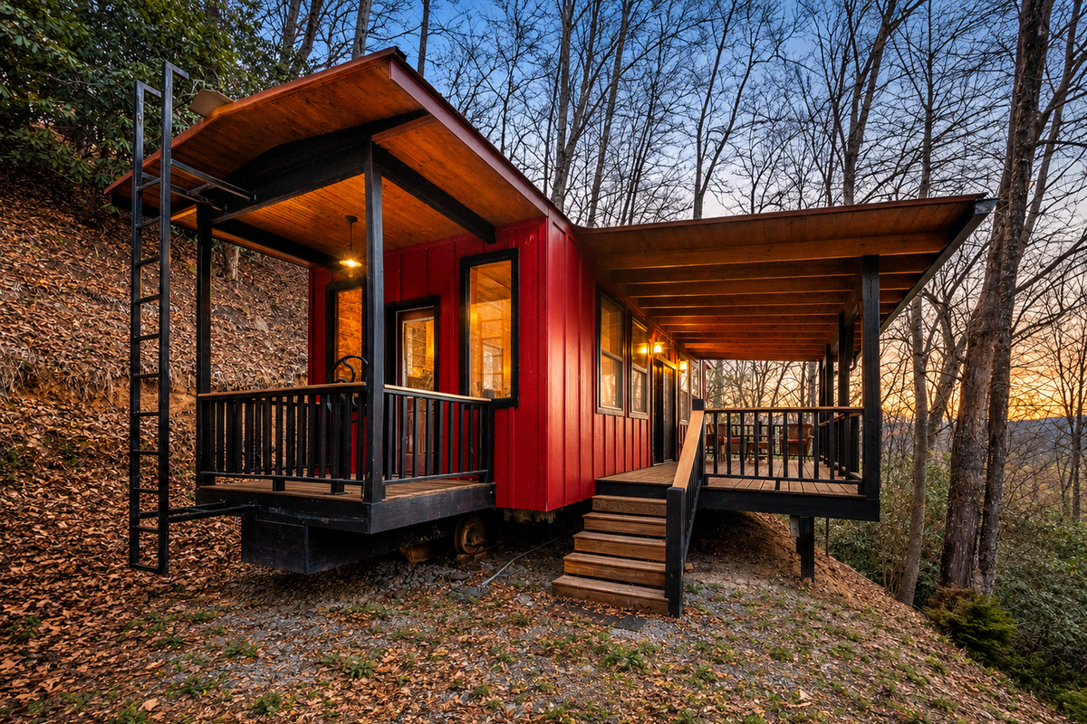 {Exterior} Surrounded by towering hardwoods, this peaceful mountain escape invites you to unplug, reconnect, and experience the beauty of Pisgah Forest.