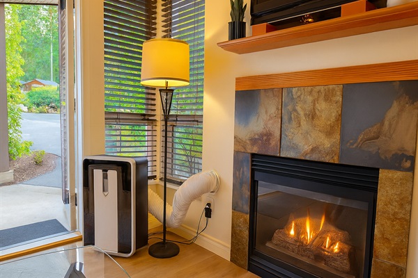 AC Unit and Natural gas fireplace in roomy living room.
