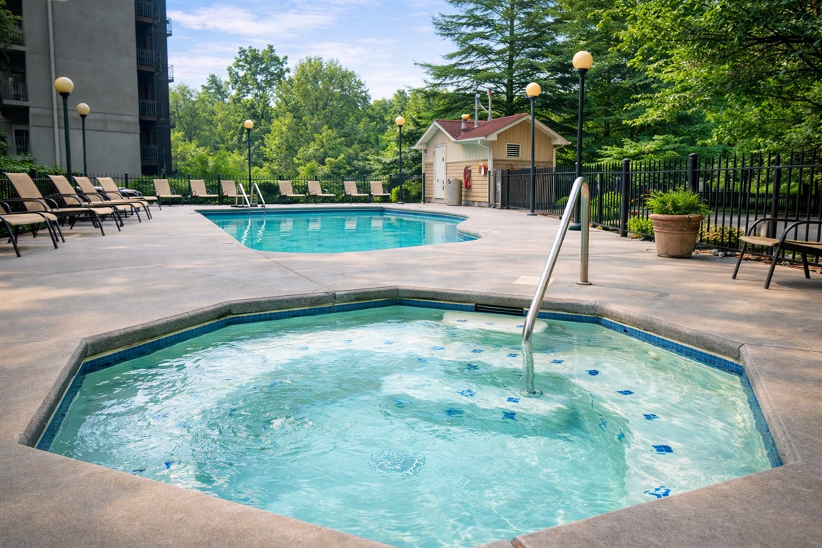 Relax in the community hot tub after a day exploring downtown Gatlinburg attractions.