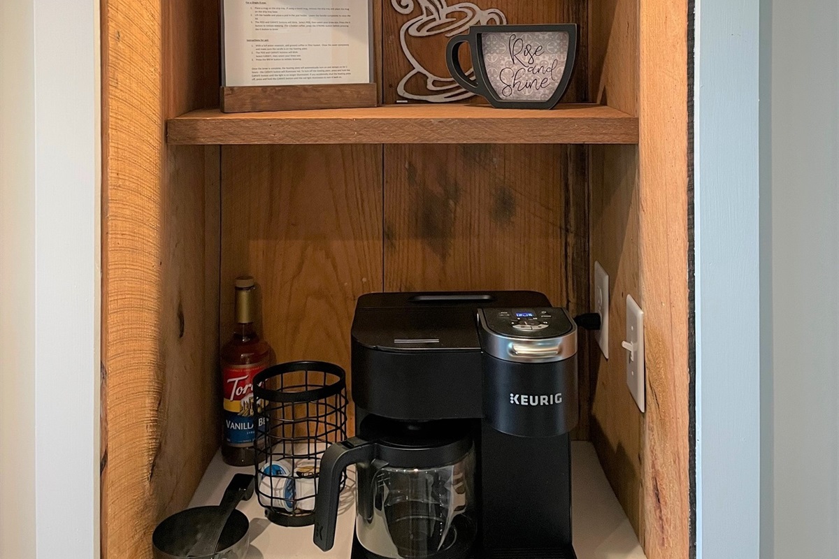 Coffee bar in kitchen made from reclaimed wood. Keurig Duo for pot or pod