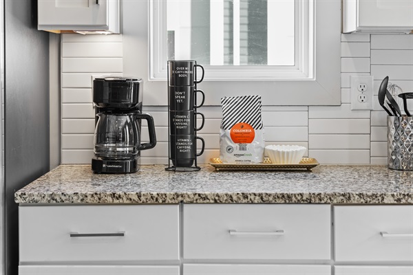 Coffee Bar: Brew your favorite coffee in style with modern appliances and charming decor!
