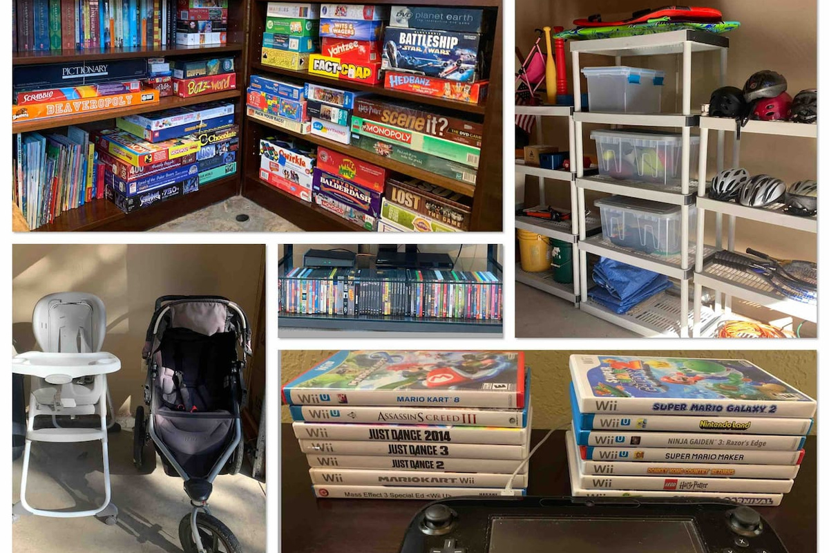 The Lazy Bear Lodge has so much fun stuff for kids - a Wii U with games, a stroller and high chair, lots of stuff for the park, plenty of dvds, and more!