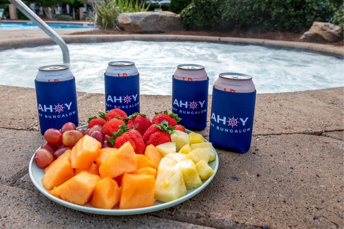 Hot tub, cold drinks, and a fruit plate — Ahoy, indeed.