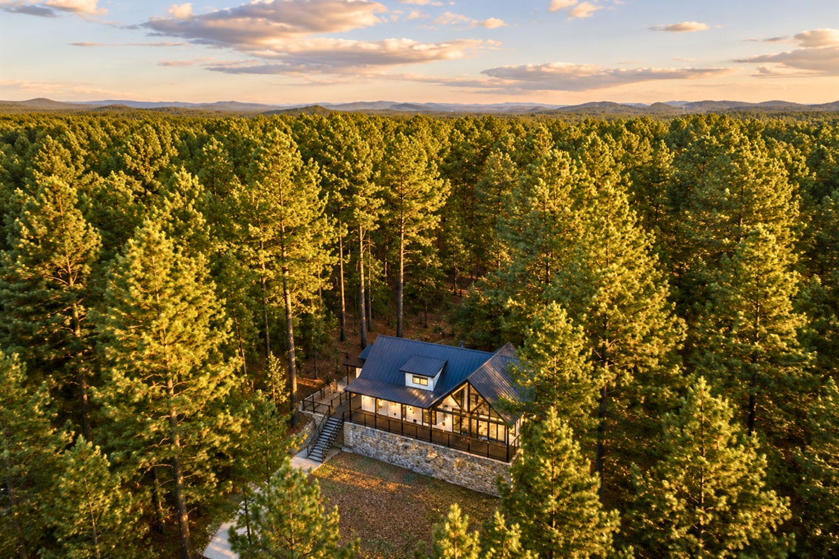Aerial views showcase the secluded beauty of Just You ‘N’ Me tucked quietly among the towering forests of Broken Bow, Oklahoma.