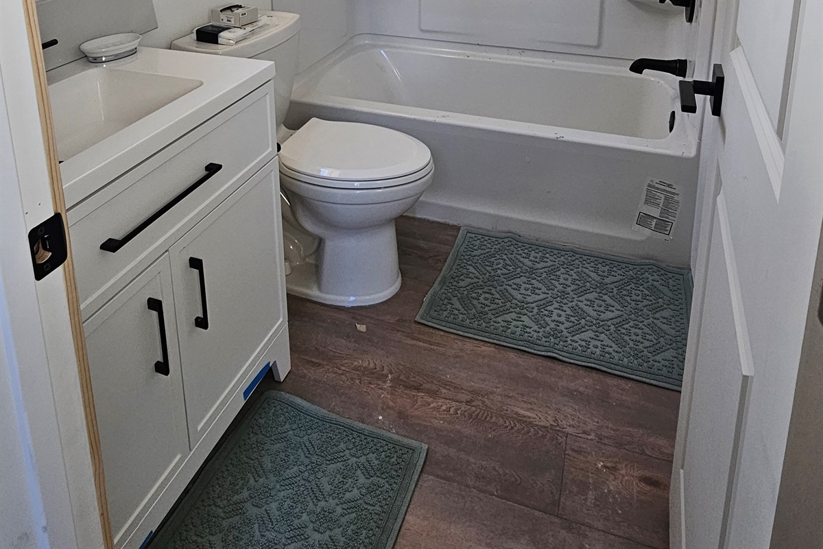 Bathroom includes a sink, toilet, and shower/tub combo.