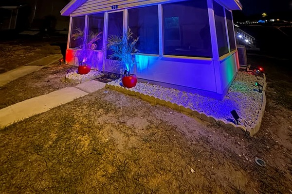 awesome lighting on the unassuming exterior of Mario's mini mansion! we're limited in what we can do by the HOA