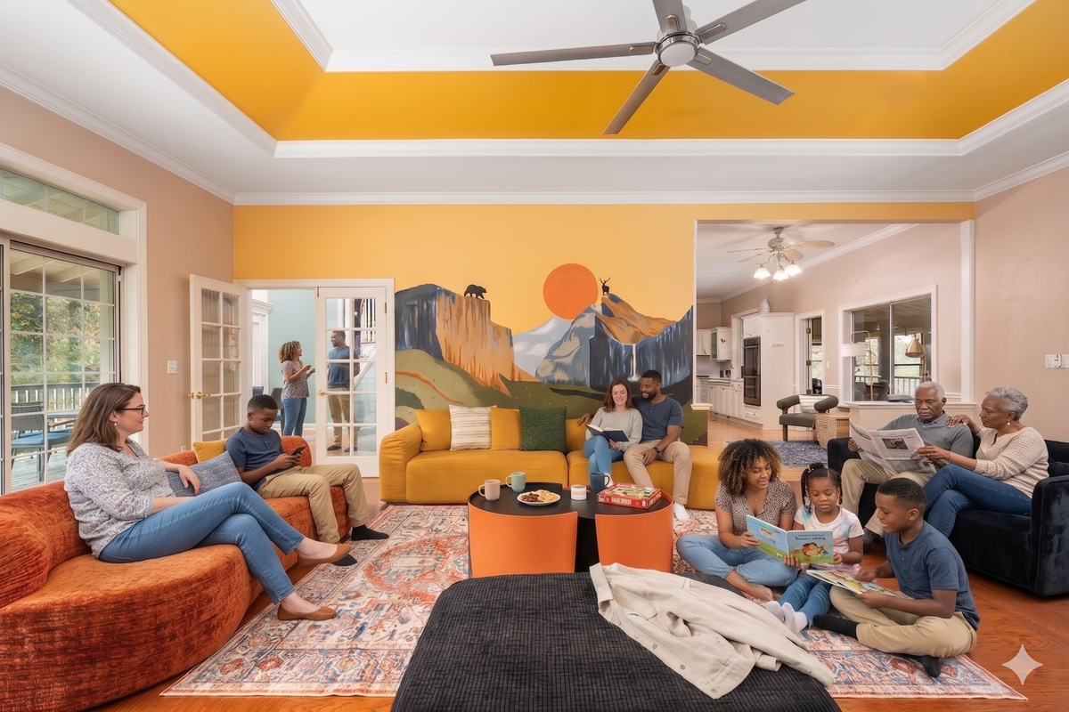 Adventure starts in the living room! 🏔️☀️ Whether you're planning your next hike or relaxing after a day of exploring, our custom mural sets the perfect backdrop for making memories. Come for the views, stay for the comfort.