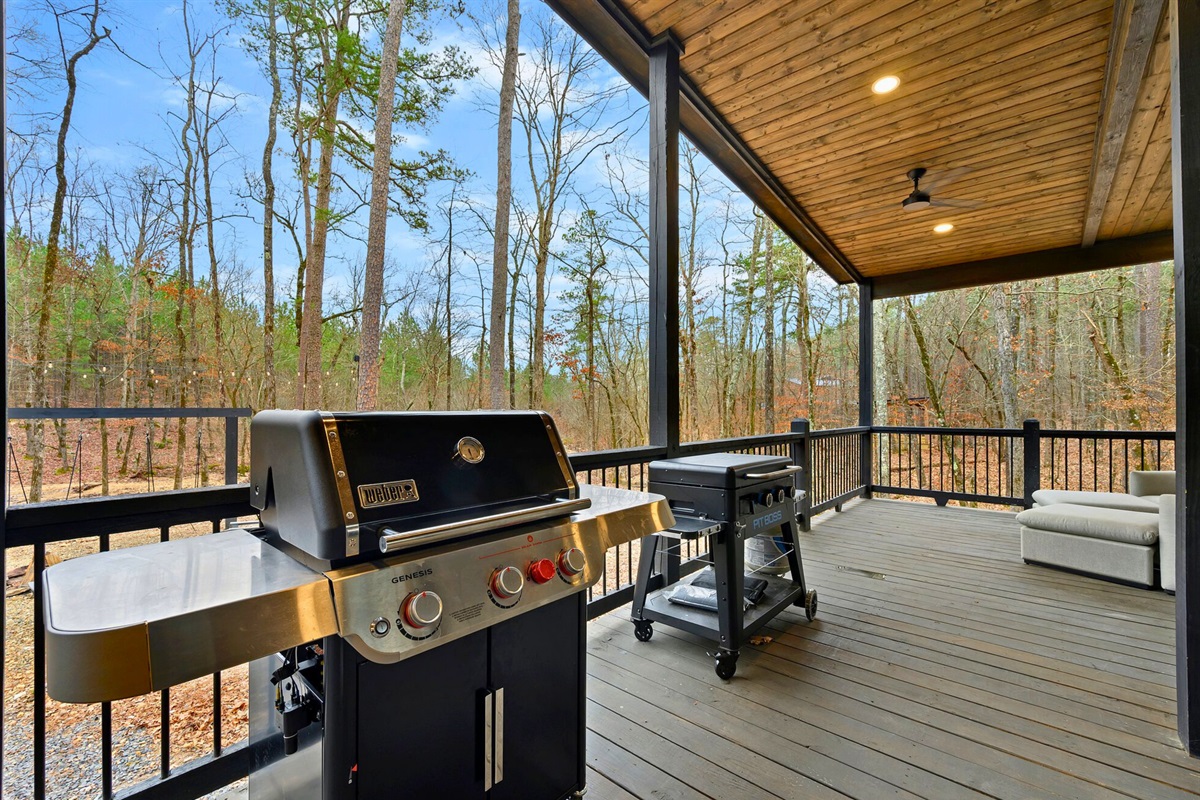 The grill station makes it easy to cook outdoors while enjoying the peaceful setting.
