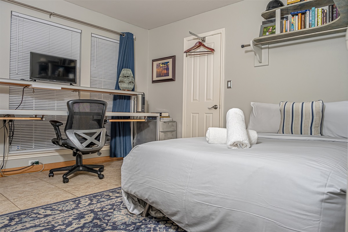 The front room has a spacious built in desk with sofa that can be folded don into full size bed. A 3 inch memory foam topper is used for added sleeping comfort&ndash; business AND pleasure!