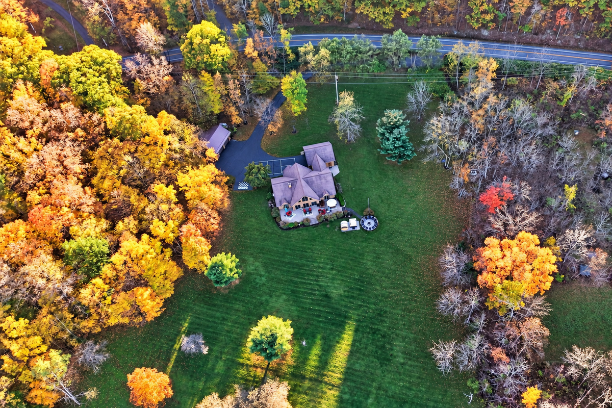 Overhead view of house and surrounding wooded grounds