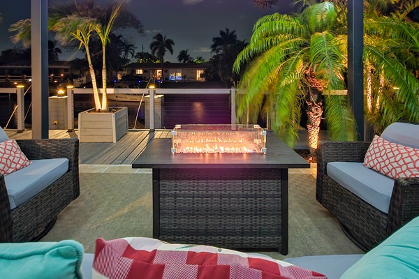 Comfortable poolside lounge with modern outdoor seating