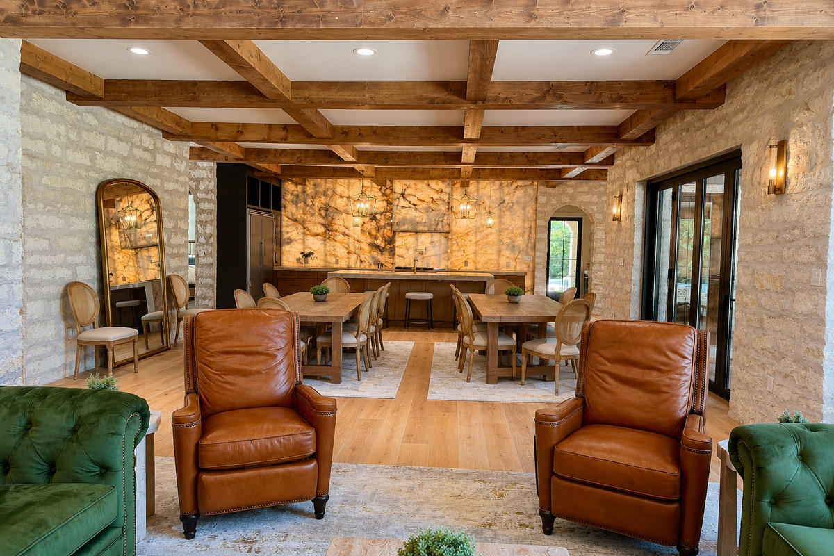 Lodge room with view of kitchen and dining