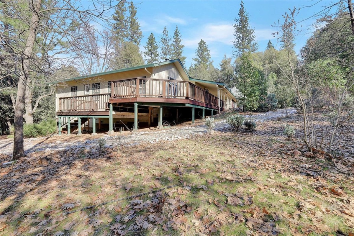 Cabin exterior with a wraparound deck, wooded views, and plenty of outdoor space to enjoy the trees.
