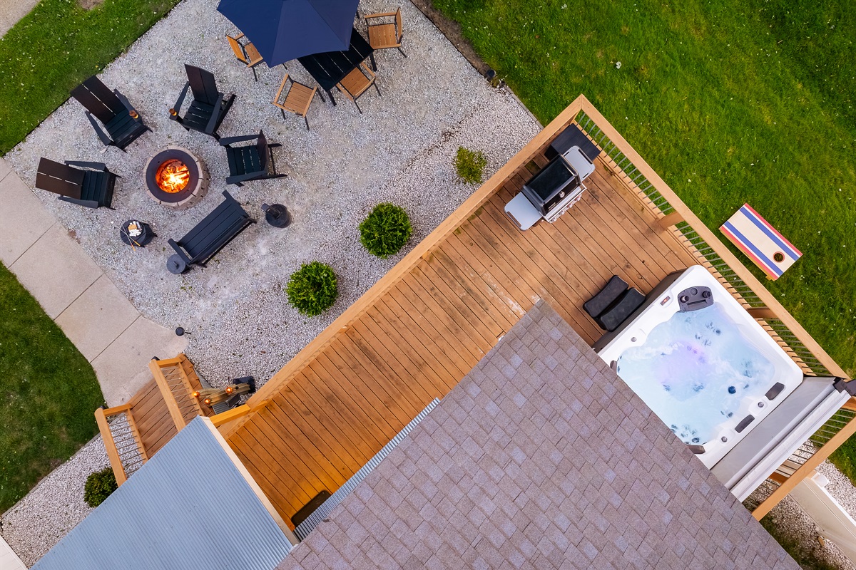 Aerial of fire pit and hot tub