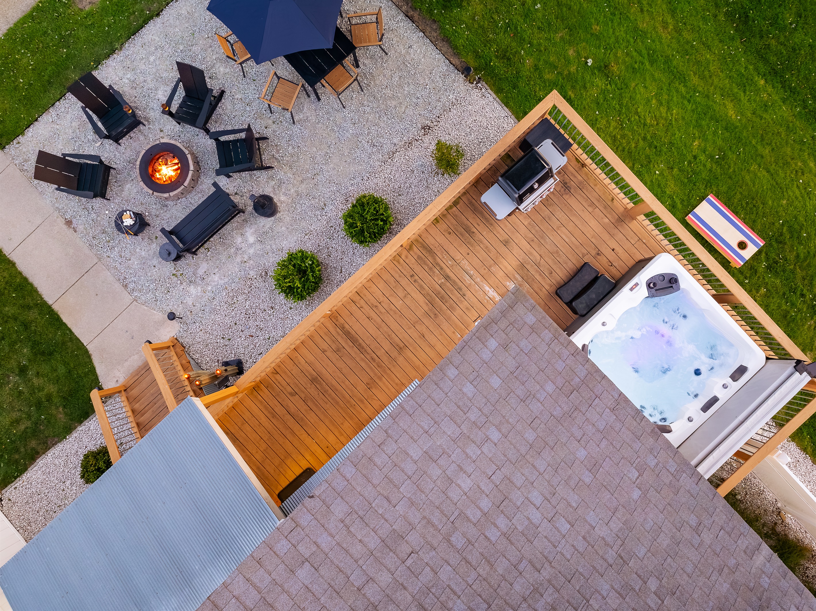 Aerial of fire pit and hot tub