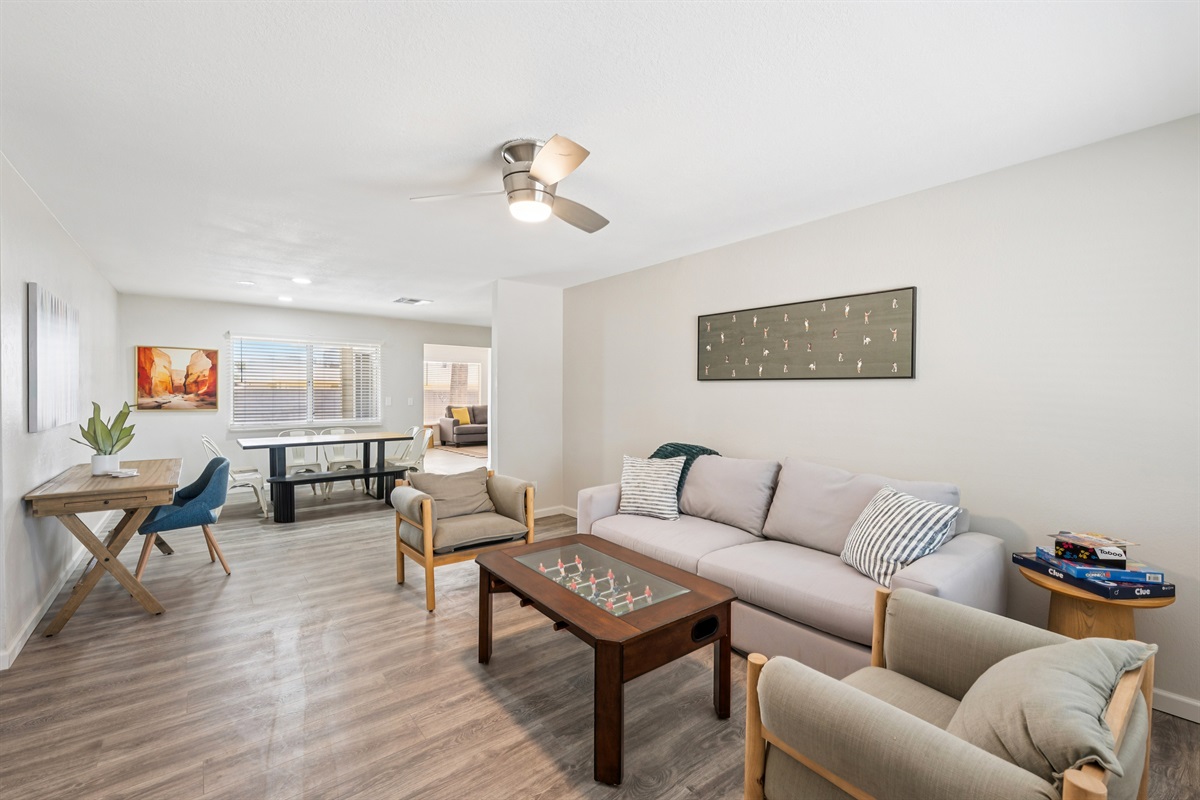 The modern, open-concept living and dining room is great for entertaining