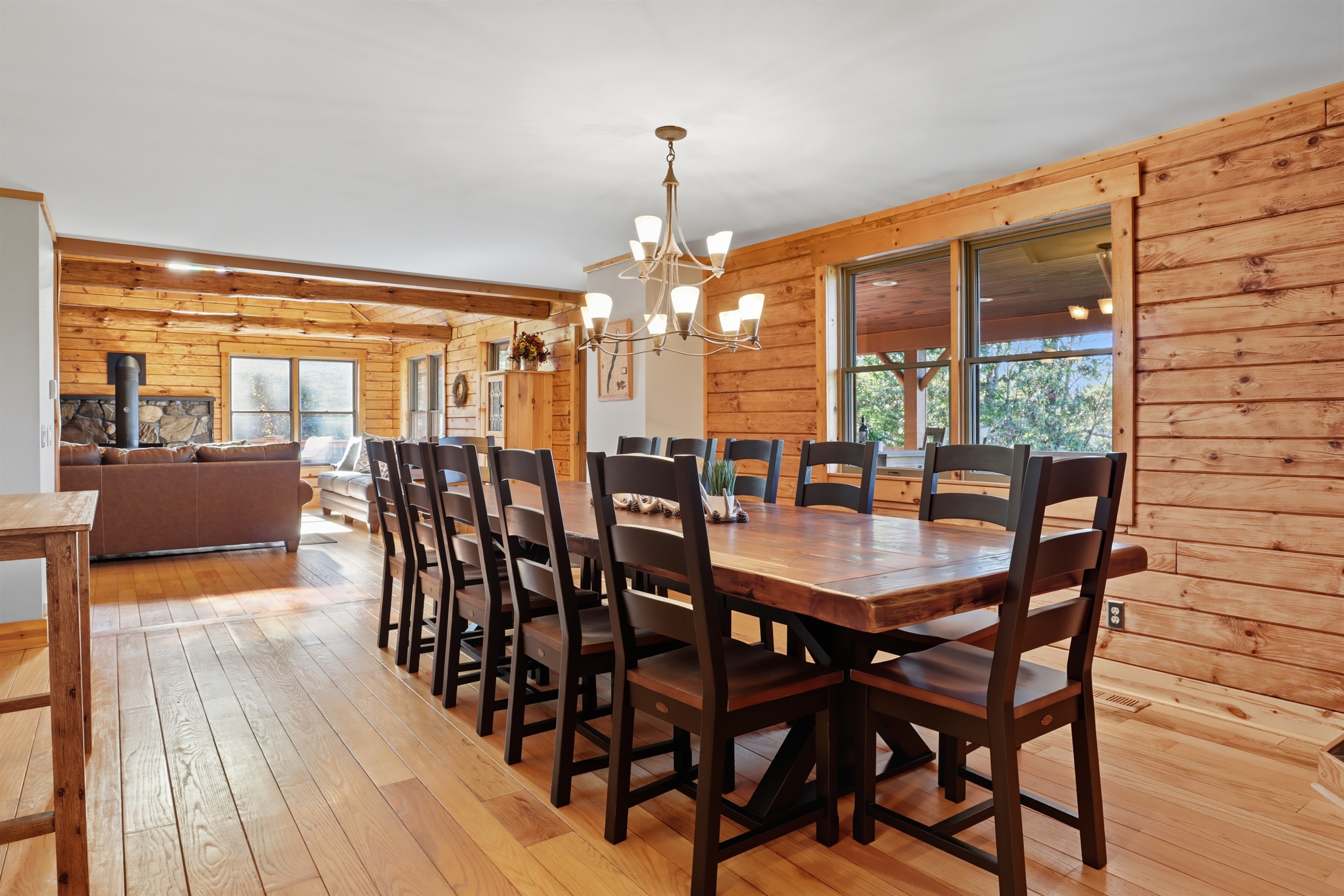Dining area with seating for large gatherings.