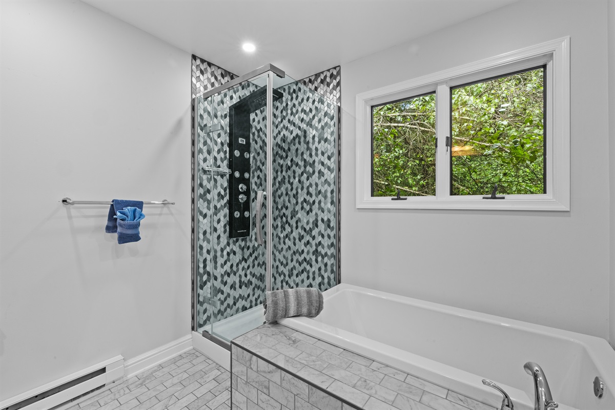 Spacious full bathroom featuring both a walk-in shower and soaking tub