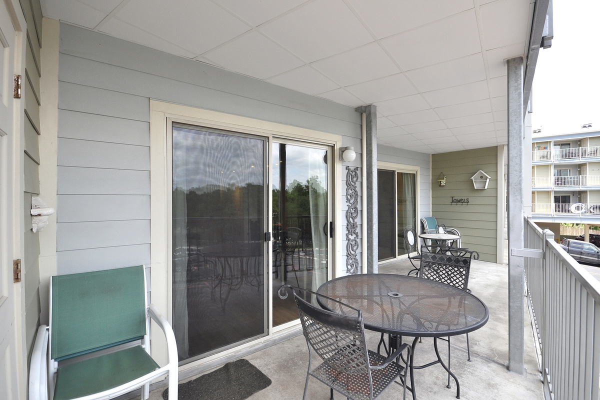 Double balcony with straight on view of river