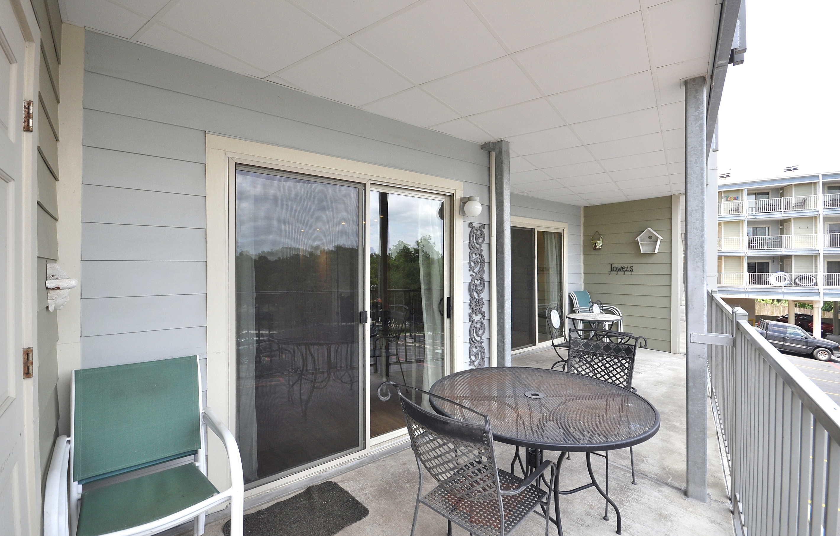 Double balcony with straight on view of river