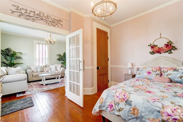 First floor bedroom with french doors that open up into the family room. Full Bed.