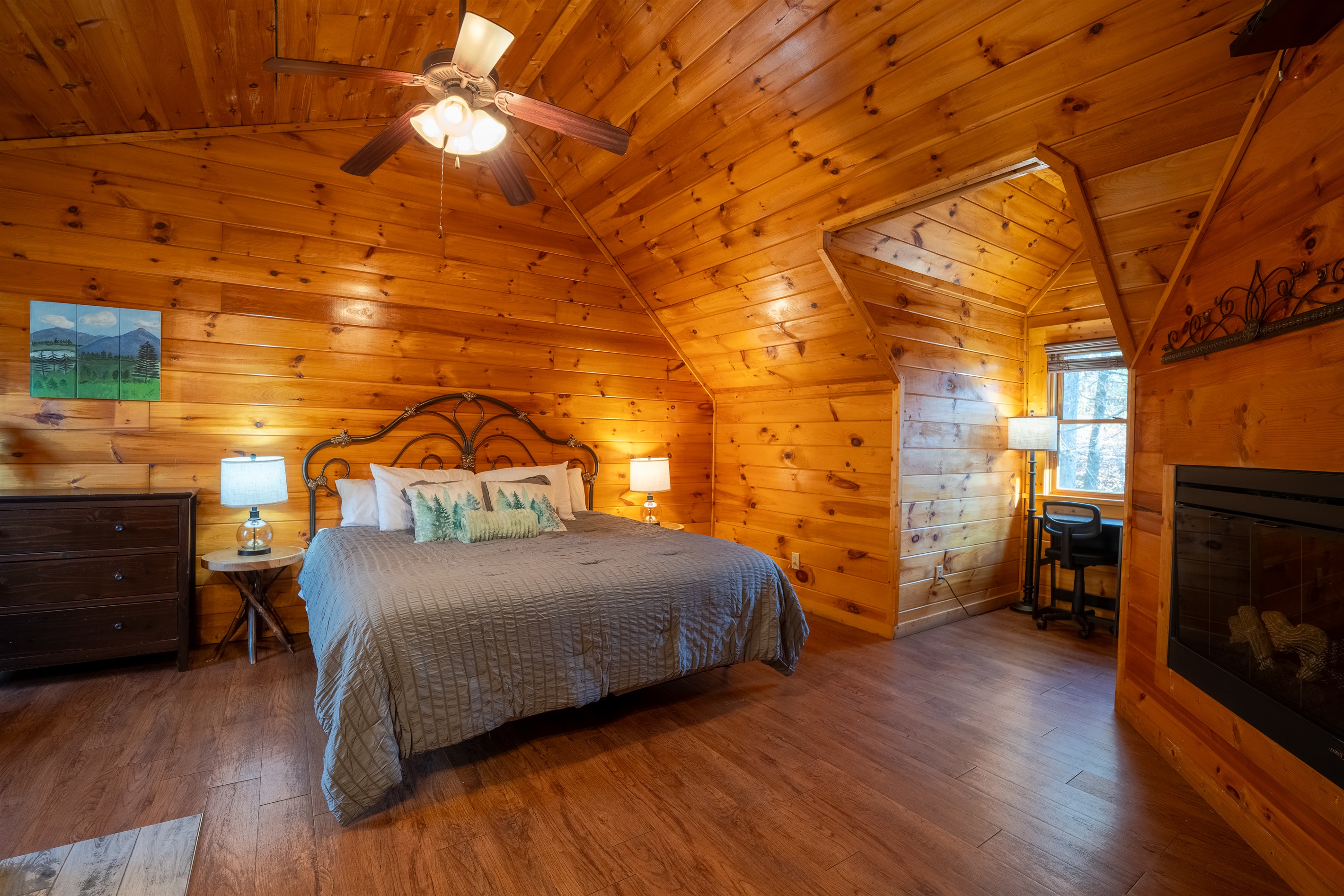 With a private fire place, work space, jacuzzi tub and ensuite bathroom, our spacious master suite is it's own little escape.