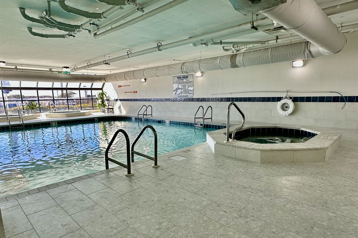 The newly renovated indoor pool and third hot tub!