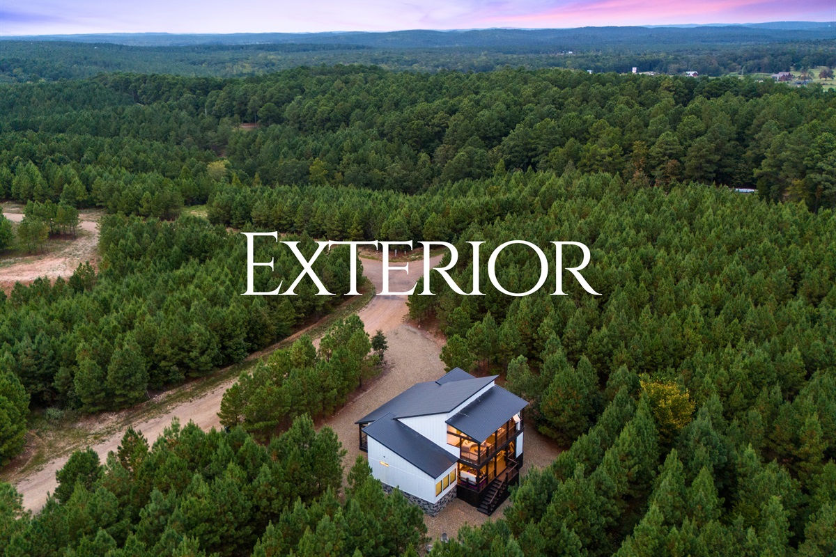 Aerial view of the cabin surrounded by endless pine forest.