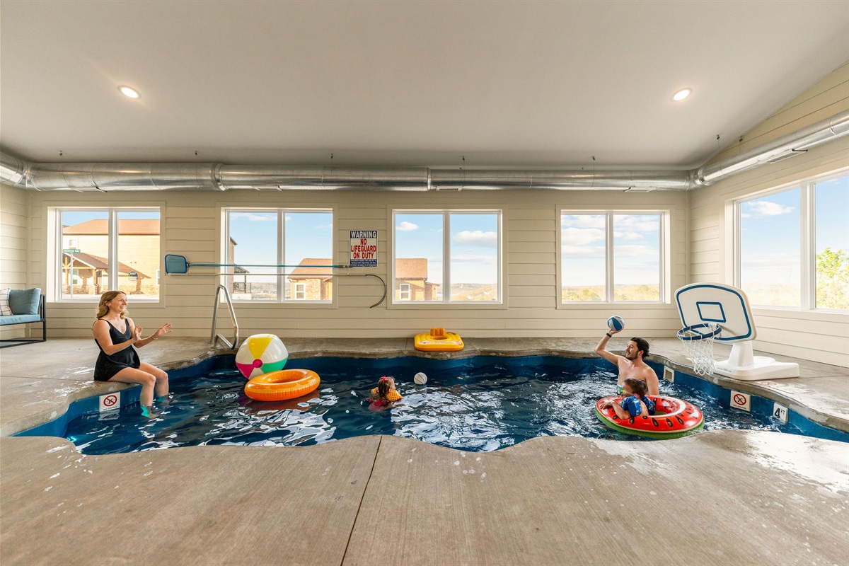 Our private, heated, indoor pool with view of the lake is your private paradise.