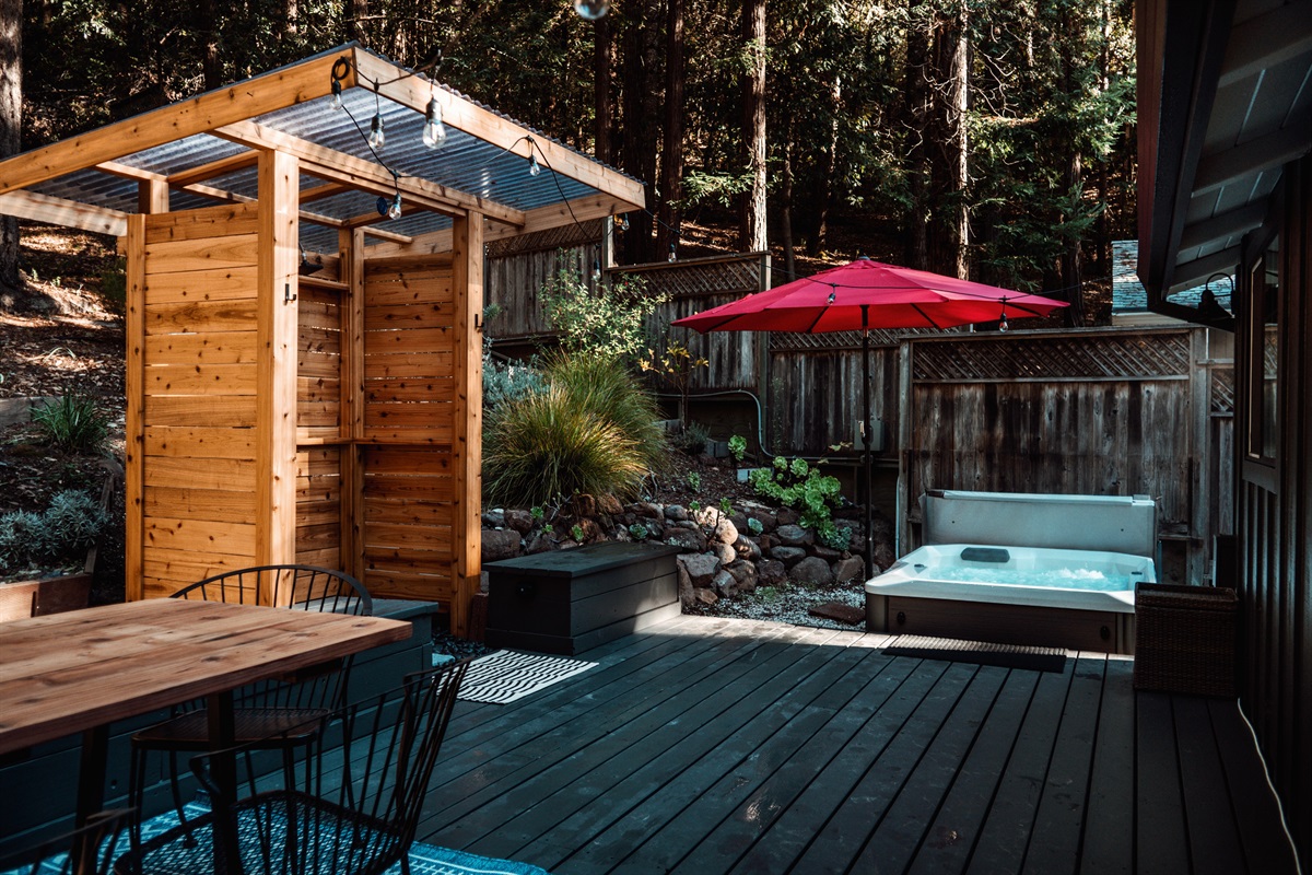 Unwind under the stars in your secluded garden hot tub.