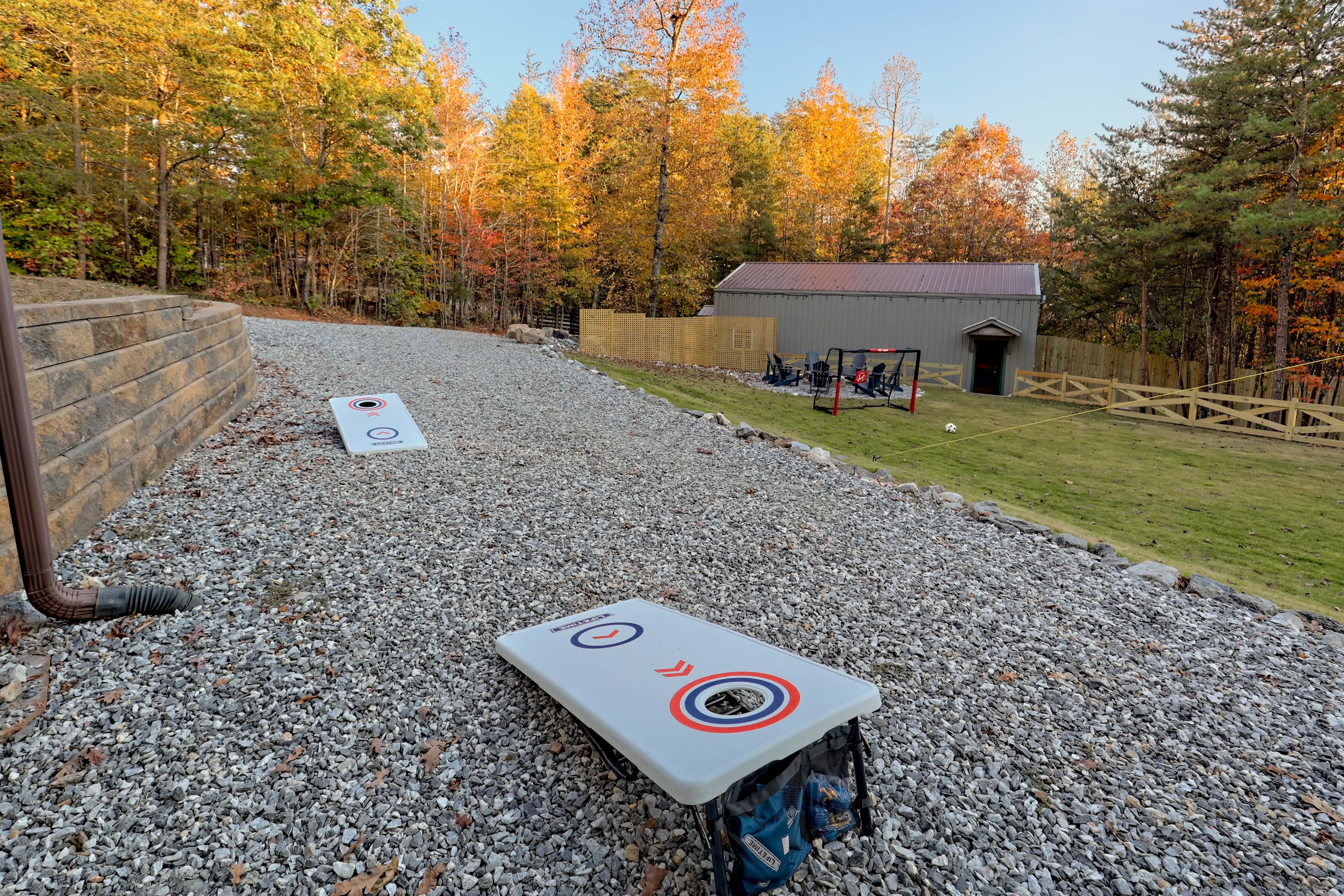 Perfect spot for a friendly cornhole match in the backyard.