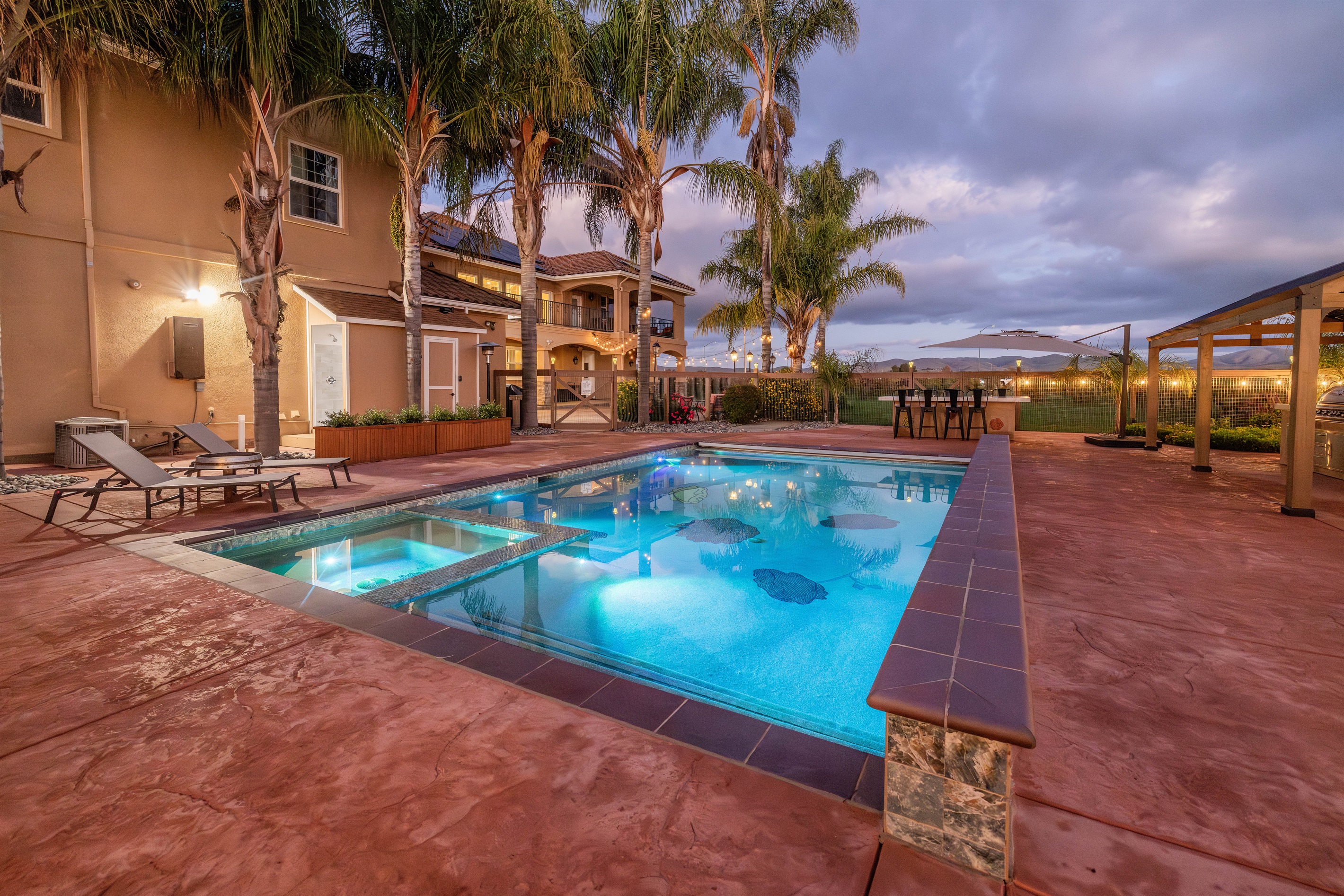 Our new pool and hot tub at sunset on the vineyard.