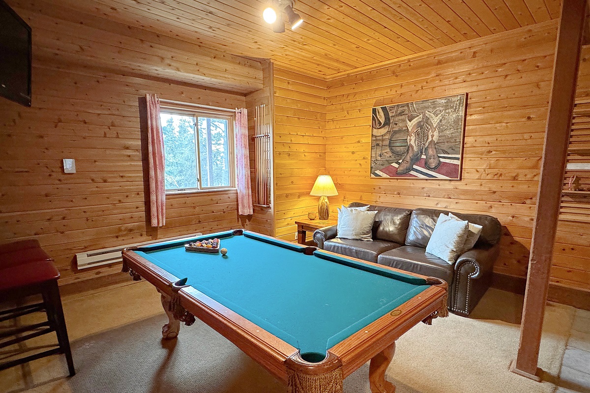 Game room with pool table and full-sized sleeper sofa