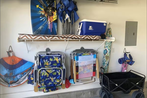 Garage full of beach toys and supplies!!