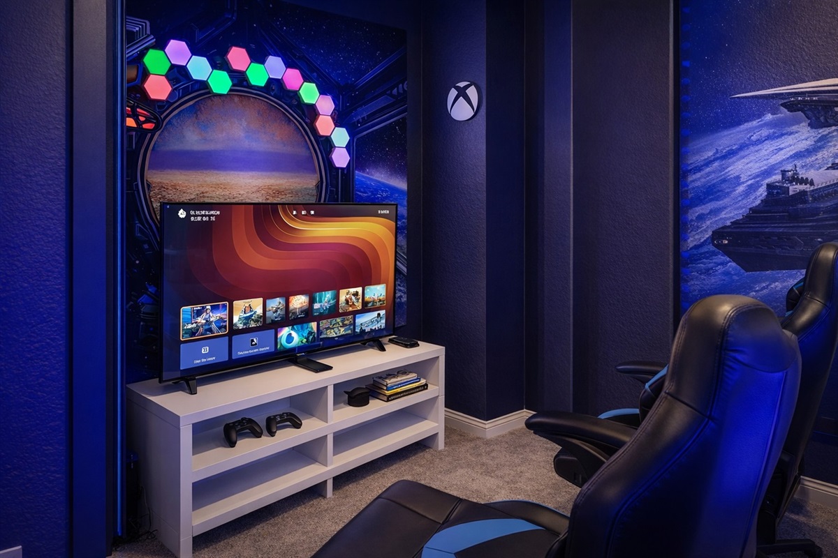 Modern gaming room with a large screen and comfortable seating