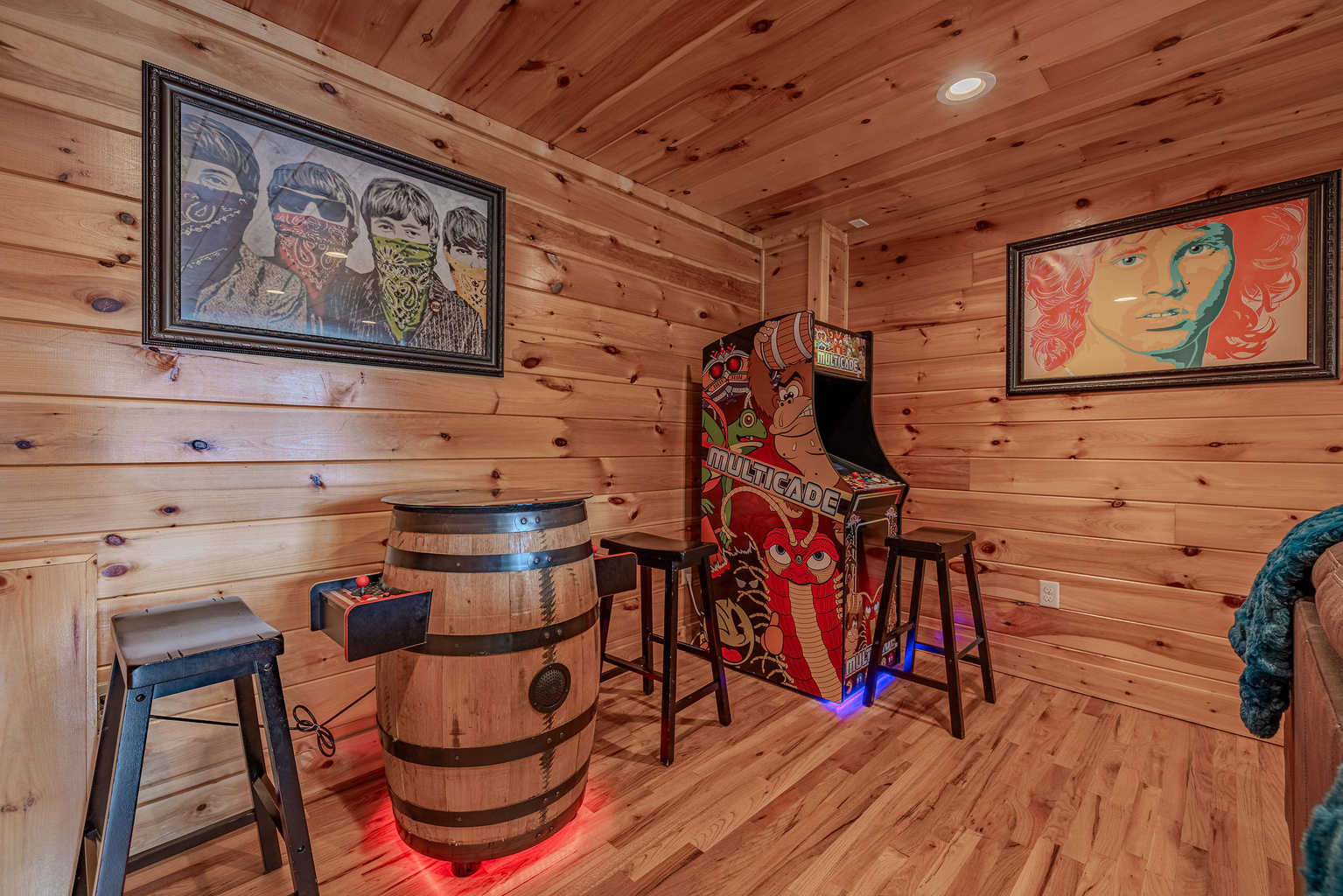 Settle in for movie night in a lower-level theater designed to feel separate from the main living room.