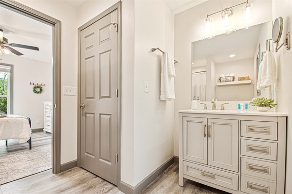 Lower-level master bathroom with complimentary toiletries.