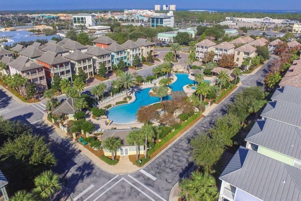 Sky view of neighborhood and pool