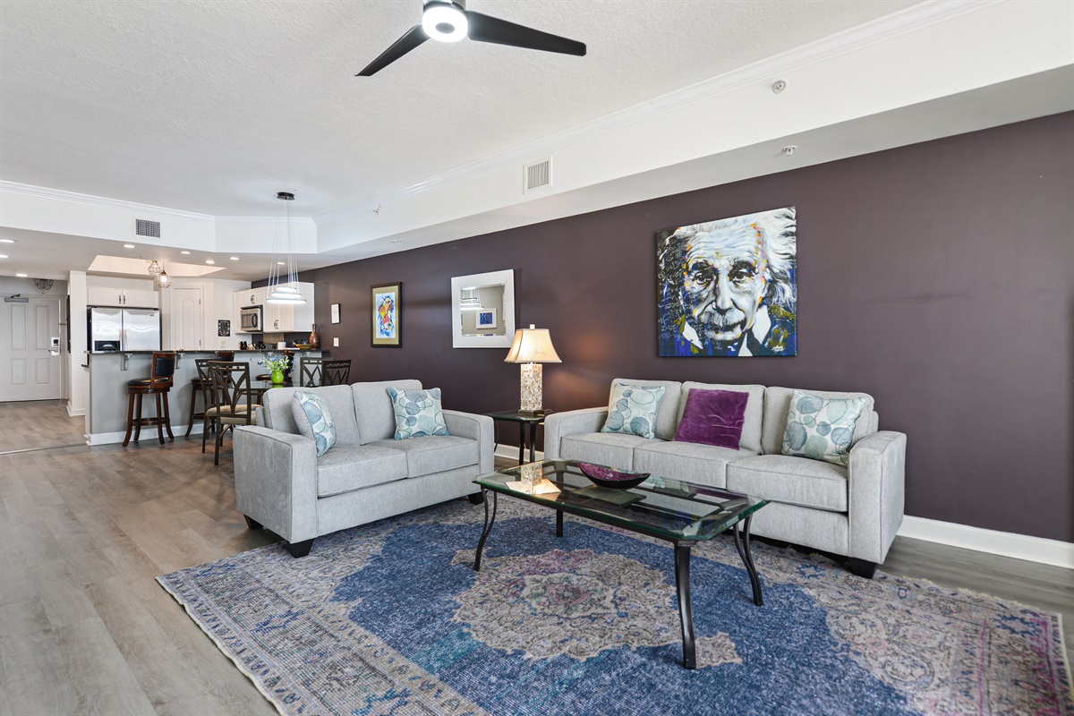 Living room. Big screen smart tv, beach views! Dining/living. Kitchen. 