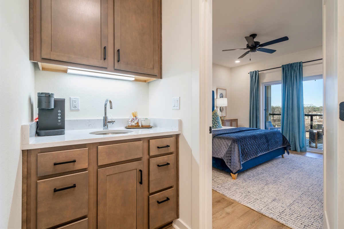 Wet Bar with Coffee Maker Right Outside the Primary Bedroom