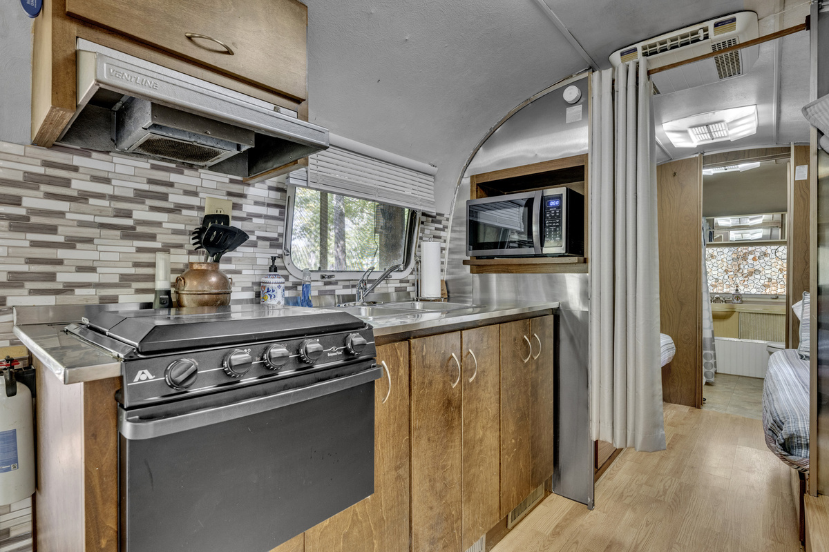 A surprisingly well-equipped Airstream kitchen for meals at the lake