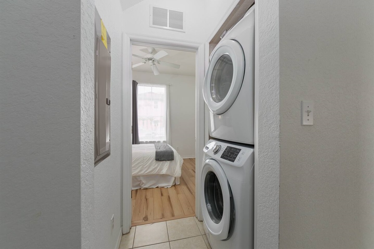 This unit has a high capacity washer and dryer for you to use during your stay